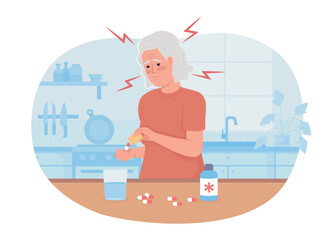 Old woman with migraine taking medication 2D vector isolated illustration. Painkiller flat character on cartoon background. Health colourful editable scene for mobile, website, presentation