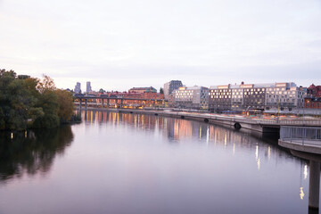 ciudad, rio, puente Europa, norte, atardecer