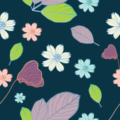 colorful  flower and leaf illustration seamless pattern on dark green color background .