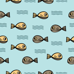 yellow fish and wave  illustration  seamless pattern design on blue background .