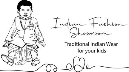 Kid wearing Traditional Indian dress Dhoti Kurta vector line art illustration, Sketch drawing of Indian young child wearing Dhoti kurta dress, Silhouette of indian kid fashion dress