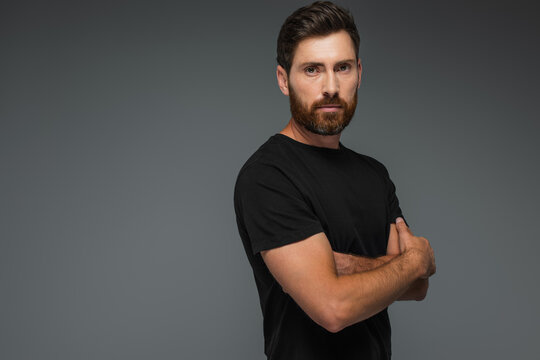 portrait of bearded man in black t-shirt looking at camera while standing with crossed arms isolated on grey.