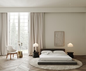 Modern master bedroom interior with soft gray bed,  hanging lamps and decor, relief painting, wooden parquet. Resting place in the bedroom. Forest view from the panoramic windows. 