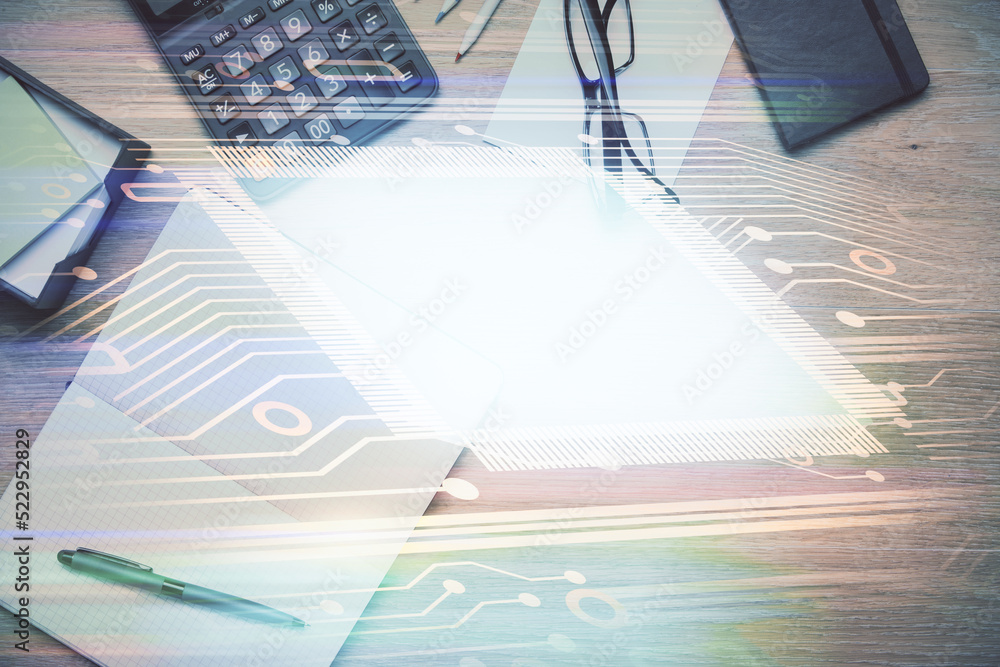 Aufkleber Multi exposure of technology theme drawing and desktop with coffee and items on table background. Concept of data research.