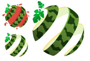 Watermelon peel emblem twisted into spiral with green leaves. Exotic fruit symbol in abstract form. Vector isolated on white background