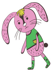 Digital children jpg illustration of funny pink rabbit. 
White background. Vertical template for 
textile print, package design