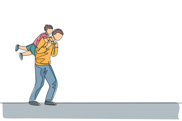 Single continuous line drawing of cheerful little boy hanging on his father's shoulder who walk towards home. Happy family parenthood concept. Trendy one line graphic draw design vector illustration