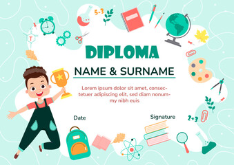 Cute diploma certificate template for school student and preschool for kids and children in kindergarten or primary grades with school pack, kit. Vector cartoon colorful flat illustration
