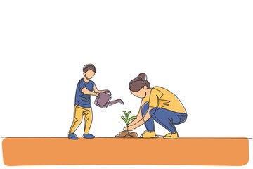 Fototapeta na wymiar One single line drawing of young mother teach her son planting while the kid watering a plant at home garden vector illustration. Happy parenting learning concept. Modern continuous line draw design