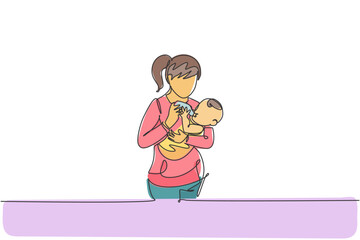 One single line drawing of young mother carrying and feeding her baby with nutritious food at home vector illustration. Happy parenting learning concept. Modern continuous line draw graphic design