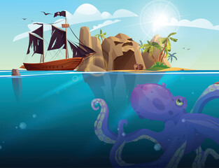 Pirate ship, rocky island with palm trees in the ocean. Purple giant octopus under the sea. Cartoon vector illustration for 2d game or adventure quest.