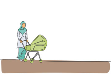 One continuous line drawing of young Arabian mother pushing baby trolley at outdoor park. Islamic Muslim happy loving family parenting concept. Dynamic single line draw design vector illustration
