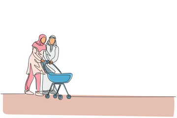 One single line drawing of young Arabian mother and father walk and push baby trolley at outdoor park vector illustration. Islamic Muslim happy family parenting concept. Continuous line draw design