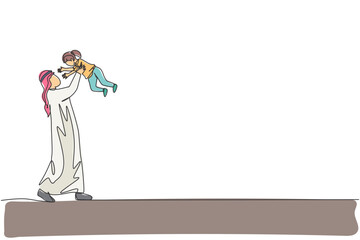 Single continuous line drawing of young Islamic dad playing and lifting his daughter girl up into the air. Arabian muslim happy family parenting concept. One line draw design vector illustration