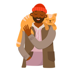 Happy man carrying cute cat on shoulders with love and care vector illustration. Cartoon isolated pet owner standing with red furry animal, hugs and smile of guy and small companion with tail