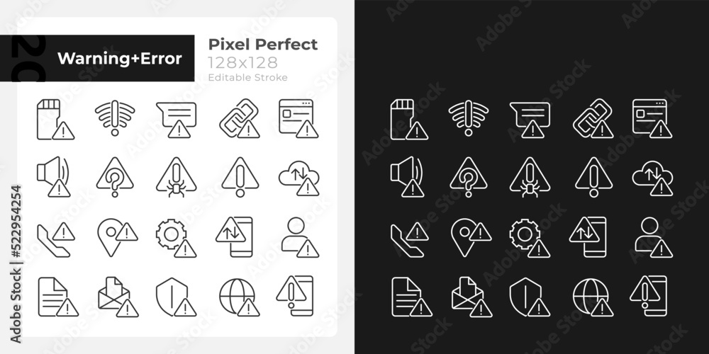 Poster warning signals pixel perfect linear icons set for dark, light mode. electronic device breakage. ris