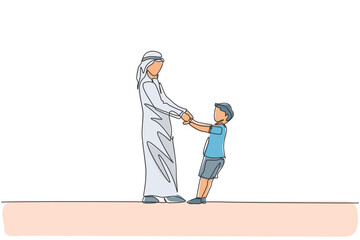 Obraz premium Continuous one line drawing of young Arabian dad and son fun playing together at home. Happy Islamic muslim parenting family concept. Dynamic single line graphic draw design vector illustration