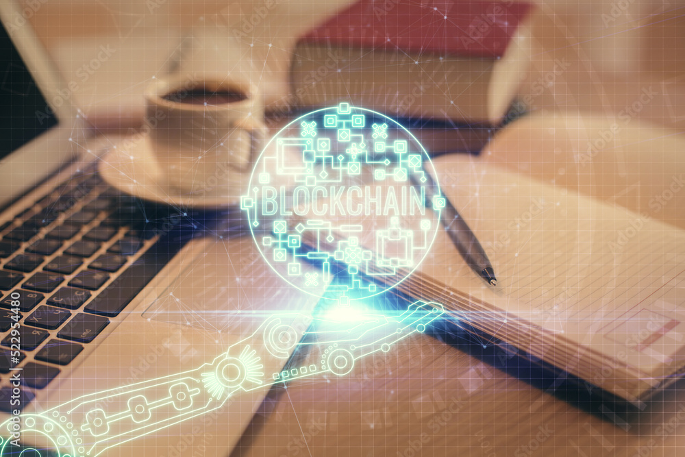Poster double exposure of crypto technology drawing and desktop with coffee and items on table background. 