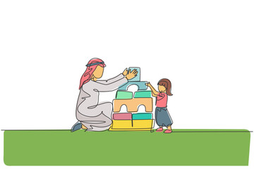 One single line drawing of young Islamic dad playing block foam puzzle house with his daughter at home vector illustration. Happy Arabian family parenting concept. Modern continuous line draw design