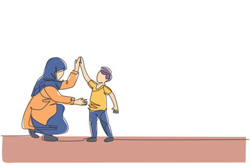 One single line drawing of young Arabian mom giving high five gesture to her son boy before go to school vector illustration. Happy Islamic muslim family parenting concept. Continuous line draw design