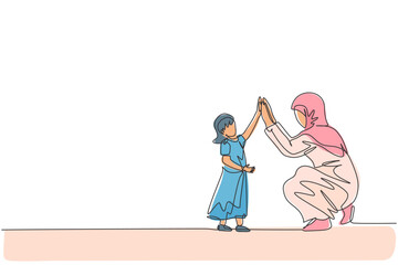 One continuous line drawing of young Islamic daughter girl give high five gesture to her mom. Happy Arabian muslim loving parenting family concept. Dynamic single line draw design vector illustration