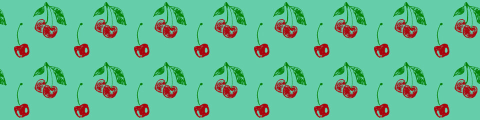 Color Cherry banner template. Rare cherries pattern seamless with fruit hand drawn pencil illustrations for vegan banner, juice, baby food packaging, jam label design. Vector Cherry background.