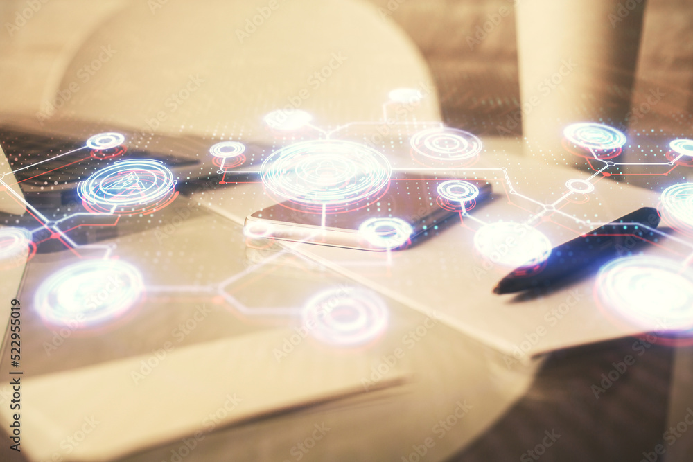 Poster double exposure of social network theme drawing and cell phone background. concept of people connect