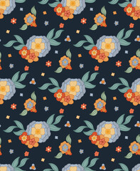 Vector seamless pattern with bouquet of groovy flowers and stems on dark blue background with ditsy. Retro hippie floral arrangement texture.