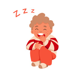 Sleepy boy sitting with yawn vector illustration. Cartoon isolated tired kid yawning with funny expression and open mouth, lazy bored child feeling fatigue and boredom, exhausted young person
