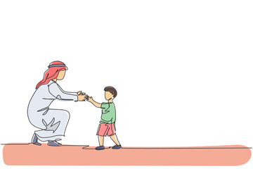 One continuous line drawing of young Arabian boy holding his father's hand to learn how to walk. Happy Islamic muslim parenting family concept. Dynamic single line draw design vector illustration