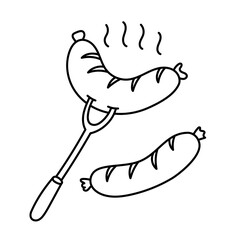 Fried sausages on a fork. BBQ meat product. Editable outline stroke thickness. Vector line icon.