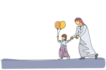 One single line drawing of young Islamic dad holding daughter's hand who hold balloon at park vector illustration. Happy Arabian muslim family parenting concept. Modern continuous line draw design