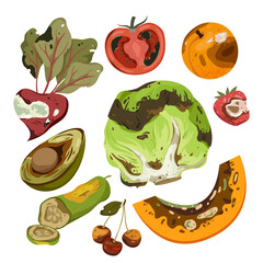 Cartoon isolated spoiled and damaged fruit and vegetables with rot, danger mold and poisons, moldy expired pieces, slices and whole fruit collection. Rotten food product set vector illustration - obrazy, fototapety, plakaty