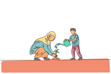 One single line drawing of young Islamic mother and her son planting a plant at house backyard vector illustration. Happy Arabian muslim family parenting concept. Modern continuous line draw design