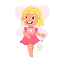 Visit of tooth fairy to baby vector illustration. Cartoon isolated little cute godmother with pink wings, crown and dress holding lost molar on rope, fantasy character flying for teeth protection
