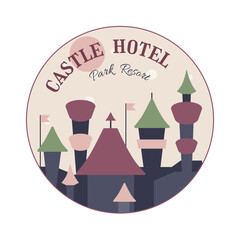 Vintage castle hotel logo. Adventures park, Tourism or Museum logotype. Modern luxury brand element sign. Round icon, Vector illustration. Social media highlight