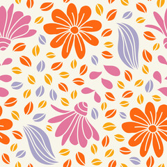 Floral seamless pattern with daisy flowers. Trendy cute design for wallpaper, textile design, packing, fabric, paper, print. Abstract background. Cute fairy design. Modern groovy design