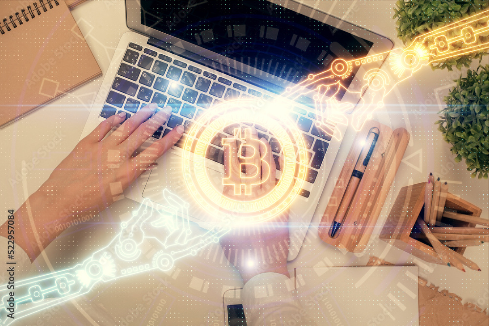 Poster Double exposure of woman hands working on computer and blockchain theme hologram drawing. Top View. bitcoin cryptocurrency concept.