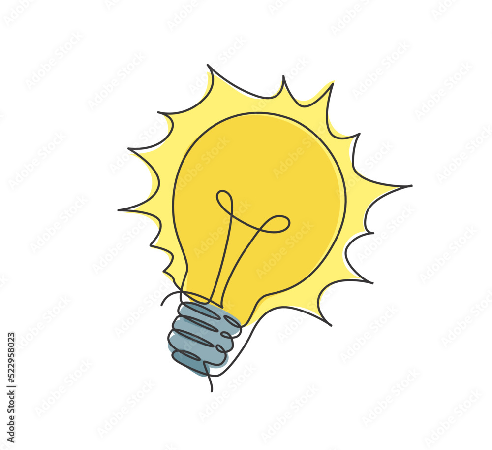 Poster single continuous line drawing of shining lightbulb for creativity logo label. power innovation logo