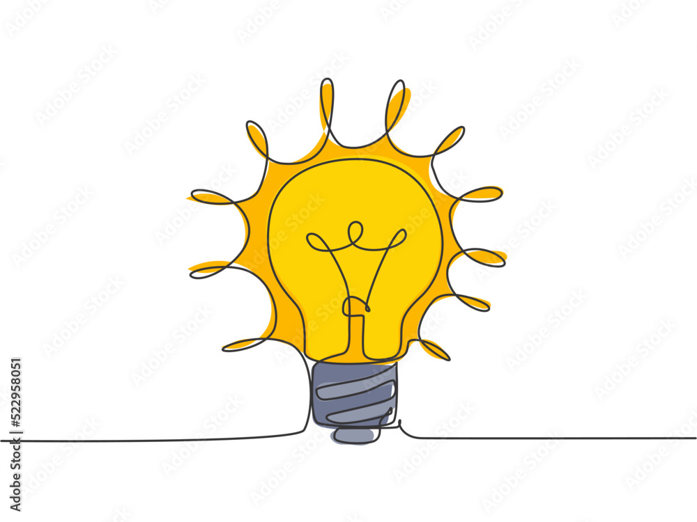 Poster single continuous line drawing of bright shinging lightbulb for logo label. power electricity logoty