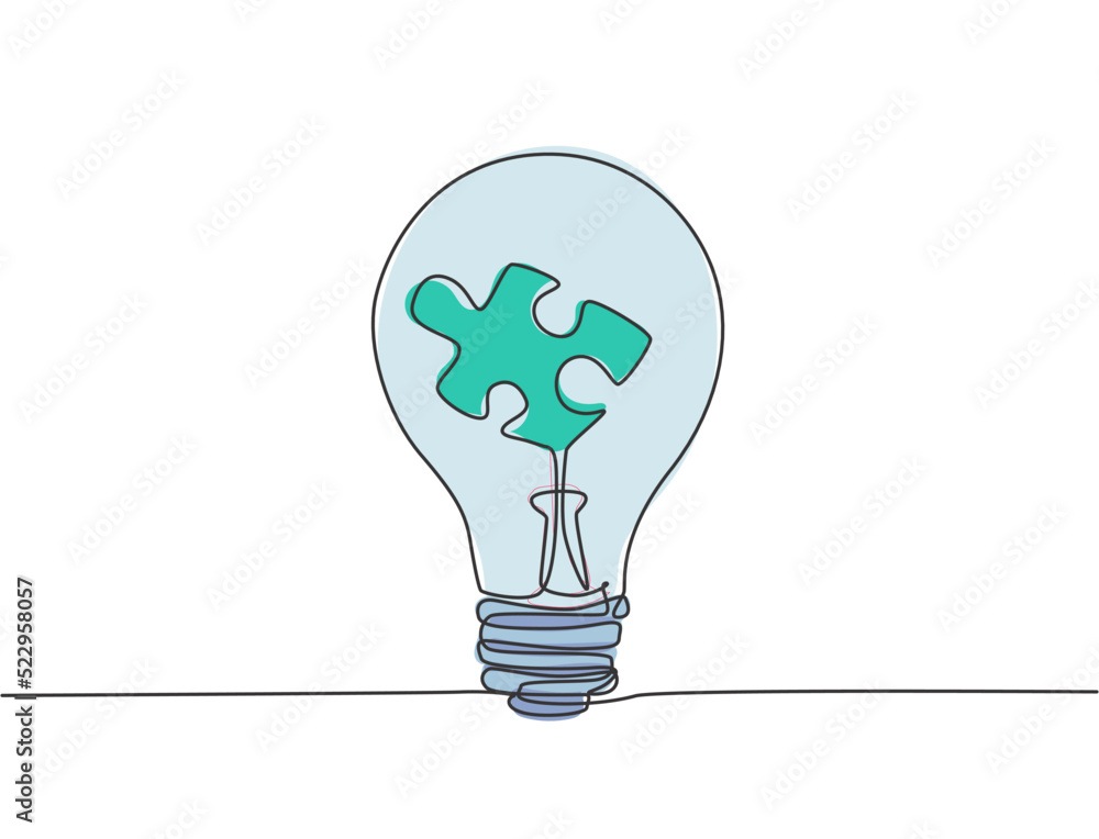Poster one single line drawing of lightbulb with piece of puzzle inside for creative company logo identity.