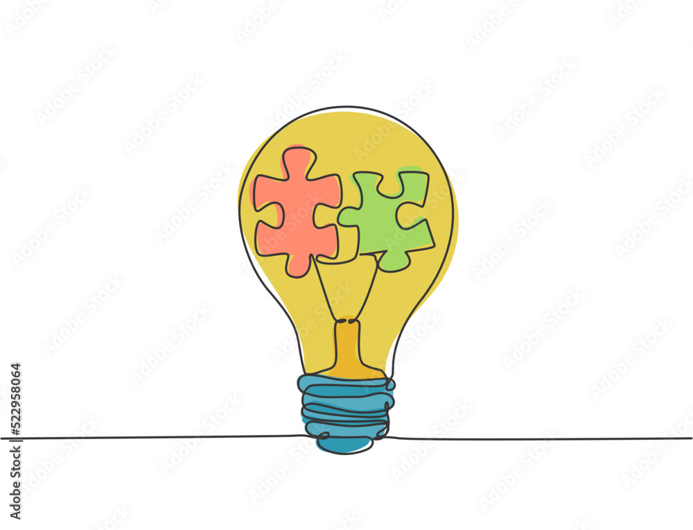 Poster one single line drawing of lightbulb with puzzle pieces inside for creative team company logo identi