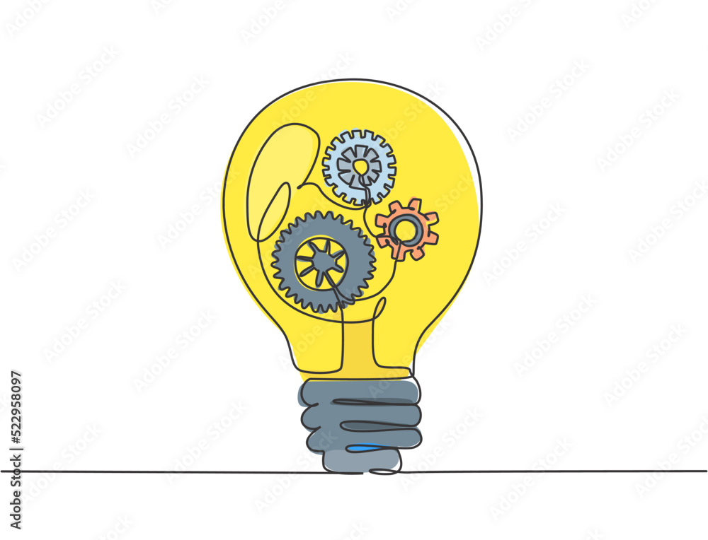 Aufkleber single continuous line drawing of clean lightbulb with gear wheel mechanic inside for logo label. cr