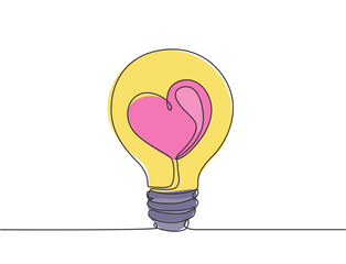 One continuous line drawing of shining lightbulb with power love icon logo emblem. Creative attraction symbol logotype template concept. Modern single line draw design graphic illustration