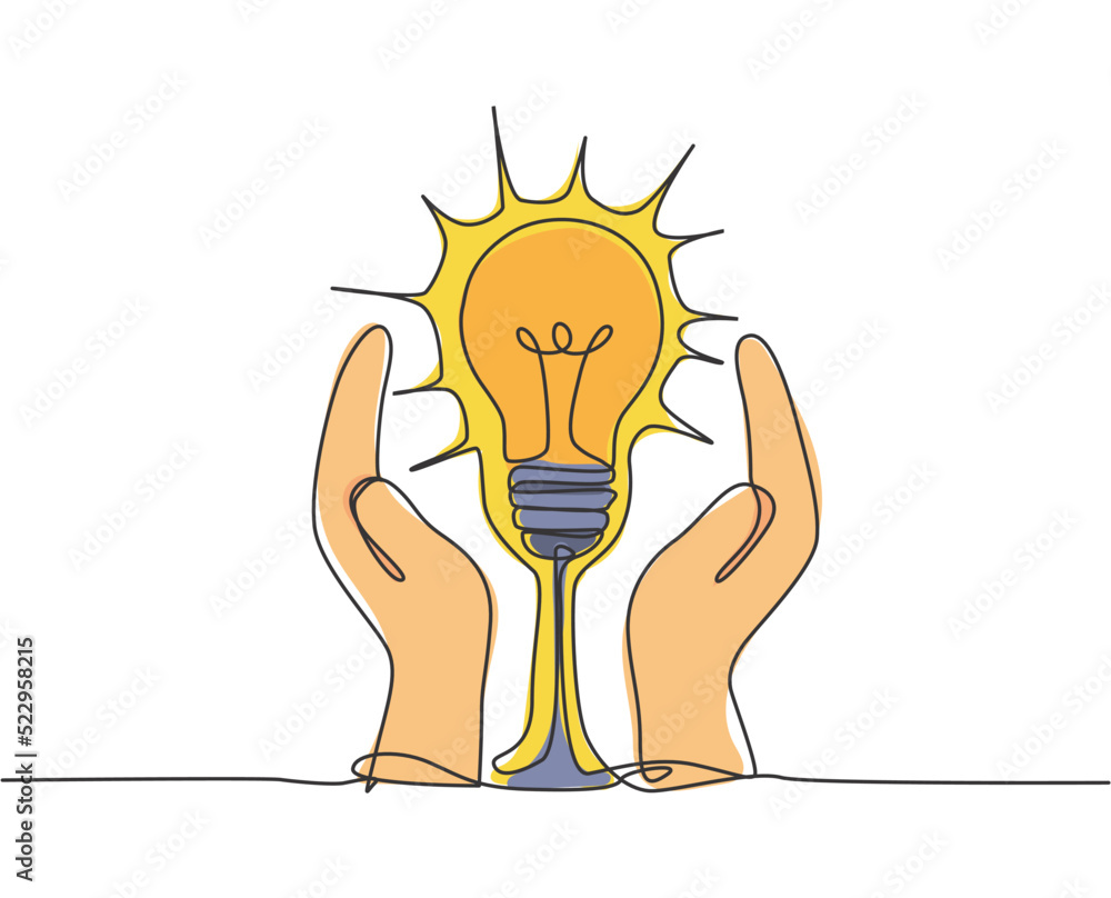Poster single continuous line drawing of open hands protect lightbulb for logo label. company safe protecti