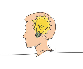 One continuous line drawing of human man with light bulb brain inside the head icon logo emblem. Innovation symbol logotype template concept. Modern single line draw design graphic illustration