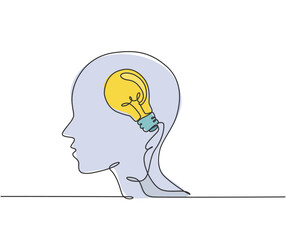 One continuous line drawing of human man head with lightbulb inside icon logo emblem. Creativity process symbol logotype template concept. Modern single line draw design graphic illustration