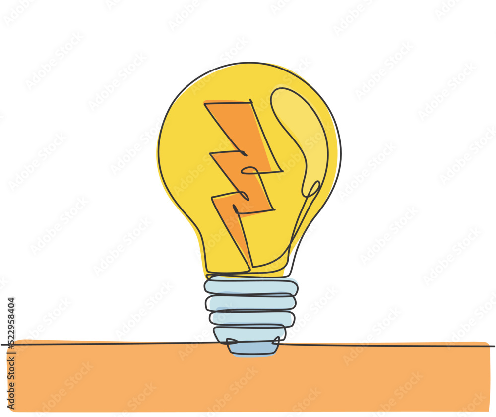 Poster one single line drawing of light bulb with thunder bolt logo identity. power energy electricity logo