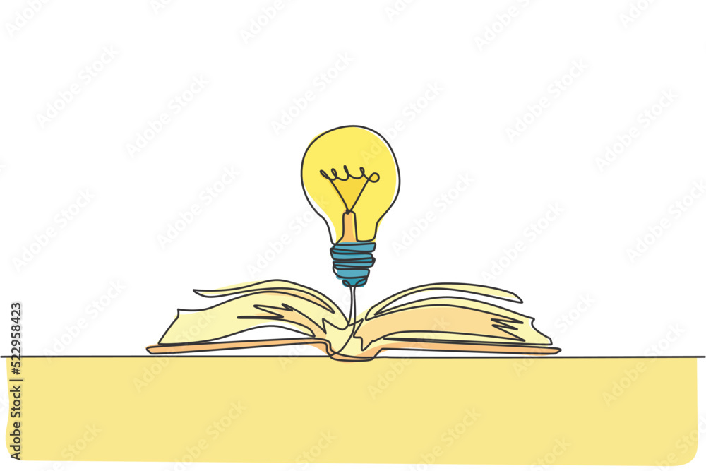 Poster one single line drawing of shining light bulb above open text book logo identity. knowledge study cl