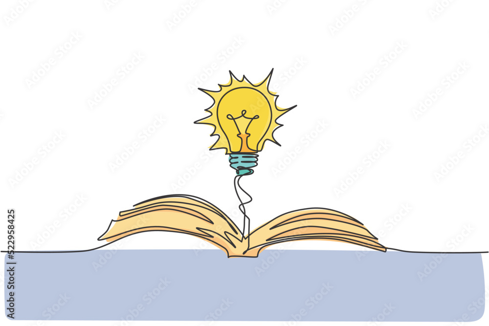 Poster single continuous line drawing of open book with shining light bulb upside logo label. public librar
